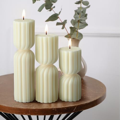 Conelist Ribbed Pillar Candles Set of 3 Width 2.4" High 5.5" 7" 9" Handmade Scented Soy Wax Candle Natural Aesthetic Candl...