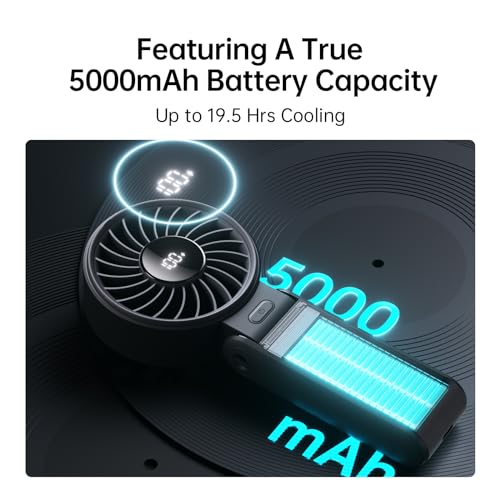 JISULIFE Handheld Fan Life7 – Ultimate Flexibility: Wide & Strong Airflow, 19.5H Max Cooling, 5000mAh Rechargeable, 5-Spee...