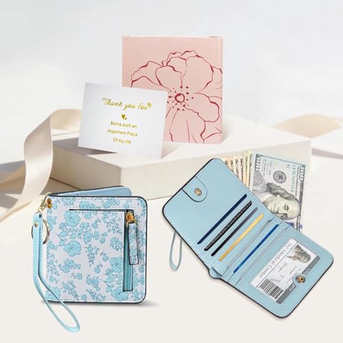 COSHAYSOO Personalized RFID Slim Bifold Wallet for Women Teen Girls with Wristlet Keychain, Blue Small Wallets Woman Cute ...