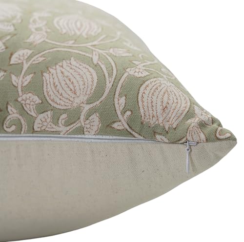Fabritual Block Print Pillow Covers 14x14 Inch – Solid Handmade Cotton Linen Cushion Cover with Floral Print, Invisible Zi...