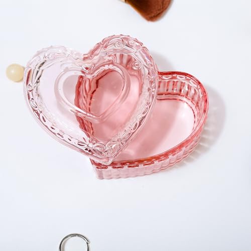 MTJYQYF Vintage Glass Jewelry Box - Heart Shaped Display Box for Storage Ring Earring Trinket Jewelry, Pink Cute Room Deco...