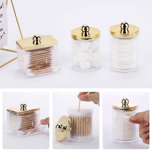 Tbestmax 3 Pack Qtips Dispenser - Bathroom Organizers and Storage Containers, Plastic Apothecary Jars with Gold Lids for C...