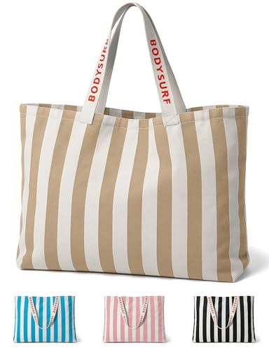 Bodysurf Canvas Tote Bag, Striped Heavy-Duty Beach & Pool Tote for Women with Zippered Pocket, Lightweight Boat Bag Carrya...
