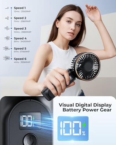 TUNISE Portable Handheld Fan, Portable Fan Rechargeable, 4000mAh, 180° Adjustable, 6 Speed Wind, Display Electricity in Re...