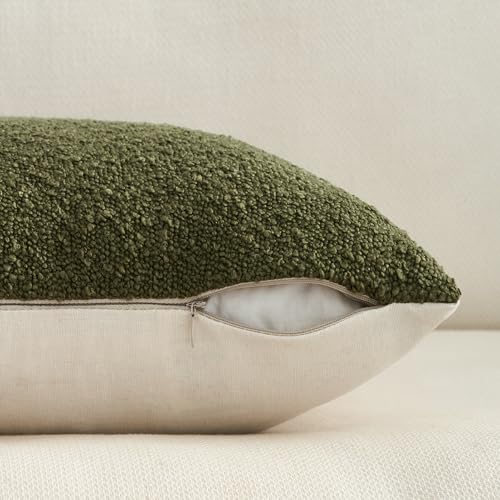 Topfinel Green Boucle Pillow Covers with Linen Cotton Accent Back Contrast Color Neutral Green Modern Earth-Tone Decorativ...