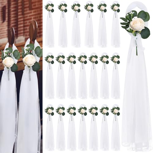 DIYDOFUN 20 Sets Wedding Aisle Decorations, 39.4 Inches Artificial Silk Rose Flowers with Long Tulle Tails for Church Pew ...