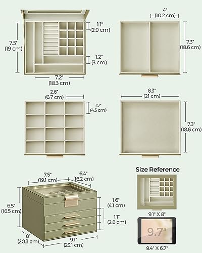SONGMICS GISELLA Collection - Jewelry Box Organizer, 4-Layer Jewelry Storage with 3 Drawers, Shiny Metal Hardware, Glass L...