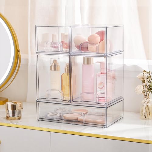 Vtopmart Clear Stackable Storage Drawers Set of 4, Plastic Organizer Bins for Makeup, Cosmetics, Beauty Supplies,Ideal for...
