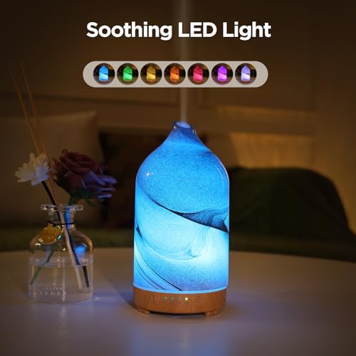 Essential Oil Diffuser Hand Blown Glass Aromatherapy Diffuser - Ultrasonic Cool Mist Scent Aroma Diffuser, Whisper Quiet w...