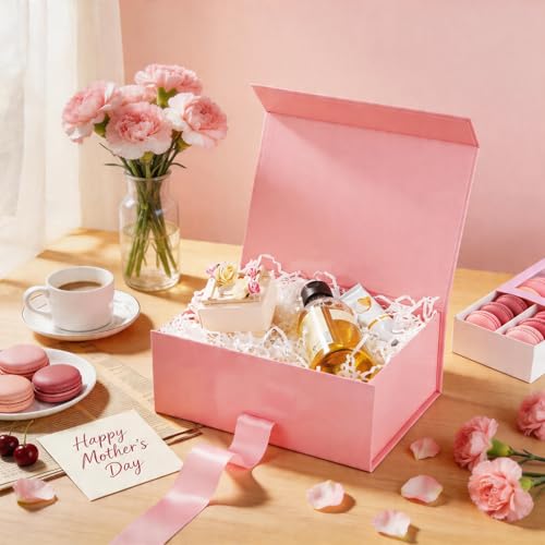 HAPPY POTATO Gift Box for Presents with Ribbon 9x6.5x3.8 Inches, Pink Gift Box with Lid, Bridesmaid Proposal Box (Glossy P...