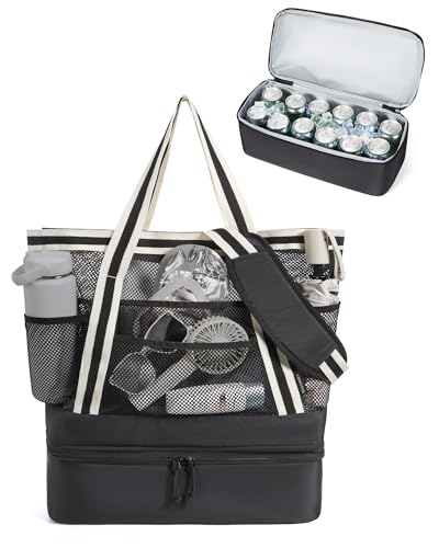 BAGSMART Beach Bag for Women, Mesh Tote Bags with Zipper, Sandproof Vacation Essentials with Cooler for Swim Cruise Pool
