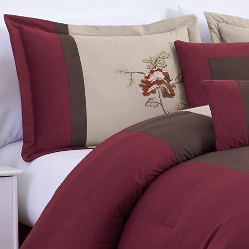 Chezmoi Collection Vienna 7-Piece Embroidered Floral Comforter Set (King, Burgundy Taupe Brown)