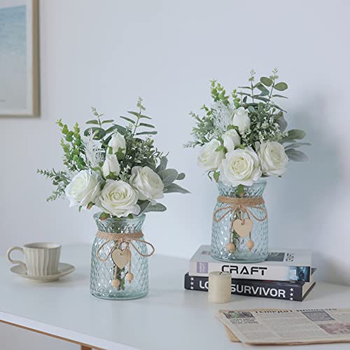 Faux Flowers with Vase,Artificial Silk Roses in Vase, Fake Plant Eucalyptus Flower Arrangement for Home Office Farmhouse B...