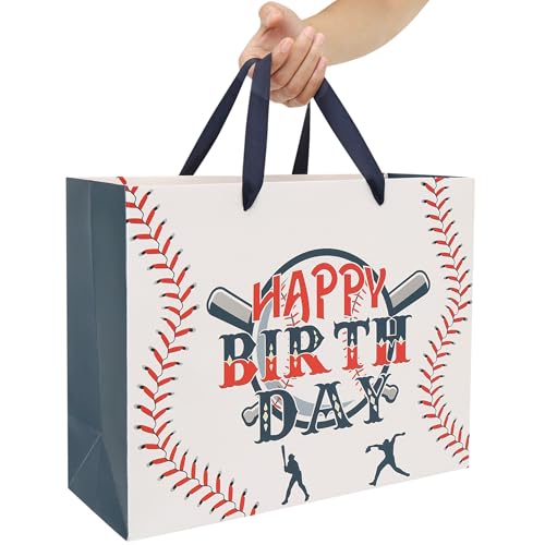 wishinside 13” Large Baseball Happy Birthday Gift Bag Set with Handles, Greeting Card, Tissue Papers and Stickers for Boys...