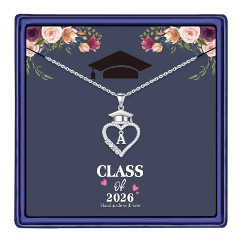 M MOOHAM Graduation Gift for Her 2026, 14K White Gold Plated CZ Graduation Cap Heart Pendant Initial Necklaces for Women T...