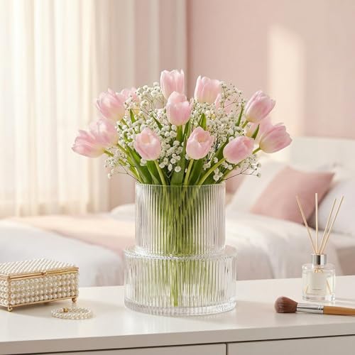 YANWE1 Ribbed Glass Vase, Flower Vase, Fluted Clear Vases for Flowers, Modern Vases for Living Room, Dining Table, Entrywa...