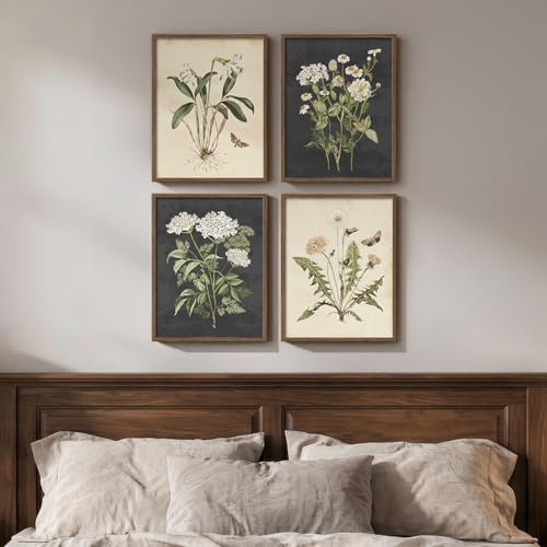 Framed Vintage Botanical Wall Art Bedroom, 4 Piece Rustic Farmhouse Floral Canvas Prints Artwork, Neutral Flower Butterfly...