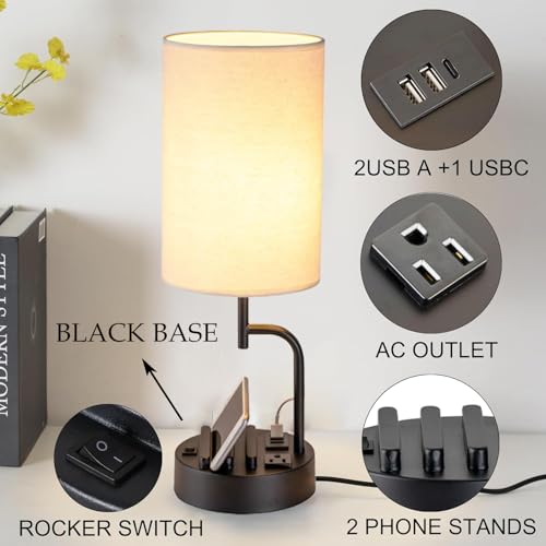Dreamholder Table Lamp with 3 USB Charging Ports, Modern Desk Lamp with AC Outlet and Phone Stands, Perfect Bedside Lamp f...