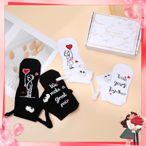 scenicamp 2 Pairs Couples Magnetic Holding Hands Socks with Gift Box Romantic Novelty Gifts for Him, Her, Husband, Wife