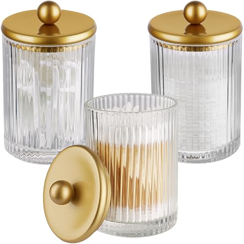 Komashr 3Pack Glass Qtip Holder Dispenser Set - Bathroom Canister Storage Organizer for Cotton Balls, Swabs, Floss Picks, ...
