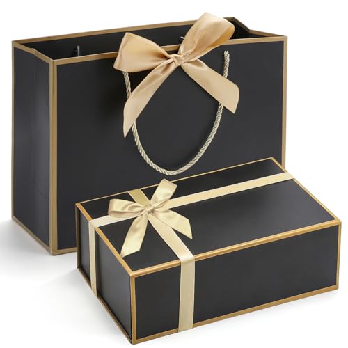 Magnetic Gift Box with Lids Ribbons and Gift Bag for Presents, 9.5x6x3" Black Gold Gift Box with Bag Set for Men Boys Him,...