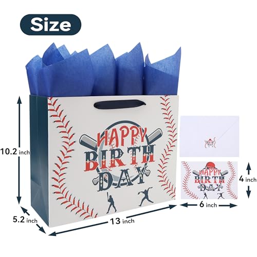 wishinside 13” Large Baseball Happy Birthday Gift Bag Set with Handles, Greeting Card, Tissue Papers and Stickers for Boys...