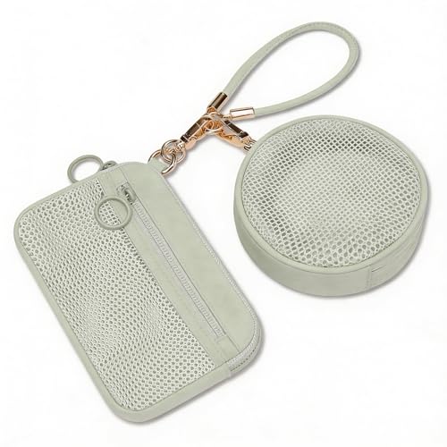 GIVLEFLY 2PCS Mesh Coin Purse Set with Wristlet Keychain, Small Zipper Card Holder & ID Pouch, Round Mini Cosmetic Bag, Br...