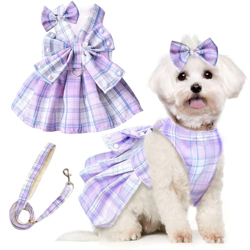 PETCARE Cute Dog Dress Clothes for Small Dogs Cats Girl Female Purple Plaid Bow Tie Dog Harness Dresses Leash Set with Pea...