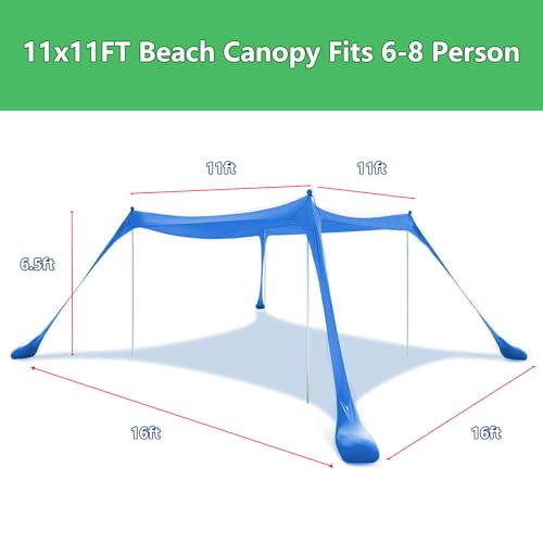 Beach Tent, Beach Canopy UPF50+ with Sandbags, Outdoor Shade 11x11 FT, Camping Tent Sun Shelter for Camping Trips, Fishin...
