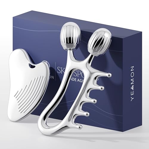 Yeamon Gua Sha Facial Tools, 3-in-1 Gua Sha & Roller & Comb Set, Upgraded No-Slip Textured Guasha, Metal Lymphatic Drainag...