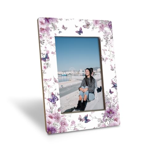EDQAWN Floral Picture Frame, Purple Blossoms and Butterfly Design Picture Frames, Decorative Photo Frame for Tabletop Disp...