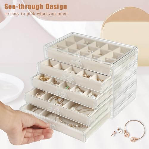 GUOER 5 Drawers Clear Jewelry Box for Women and Girls, Acrylic Earring Holder Organizer Ring Holder Display Storage, Warm ...