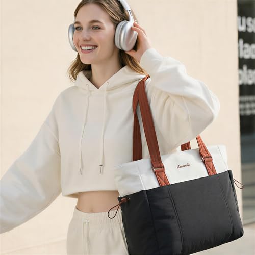 LOVEVOOK Tote Bag for Women, Puffy Work Tote with Large Cup Holder, Quilted Laptop Bag Travel Tote Shoulder Bag Handbag