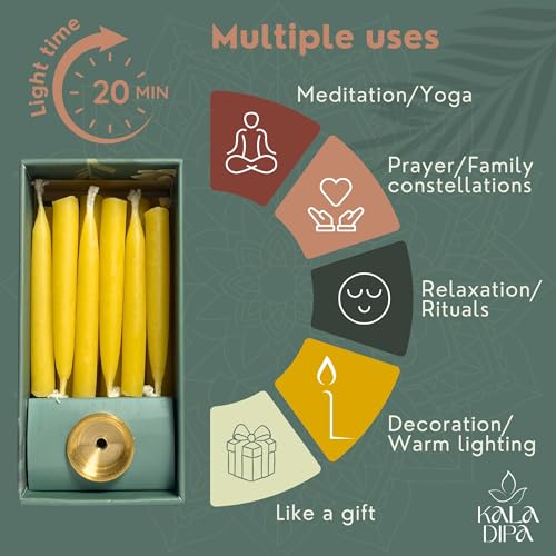 20 Minute Beeswax Meditation Candles – Set of 20 Mini Taper Candles with Brass Candle Holders, Dripless & Smokeless – Ritu...