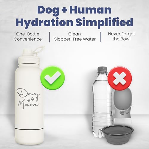 Dog Mom Water Bottle - 32 oz Stainless Steel Double Wall Insulated with 8 oz Detachable Bowl on Bottom - Cool Dog Mom Gift...