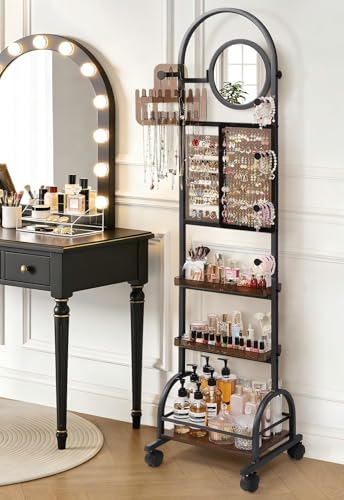 Mirror Jewelry Cabinet Standing, Jewelry Organizer and Storage with Jewelry Mirror, Jewelry Armoire with Earring Organizer...