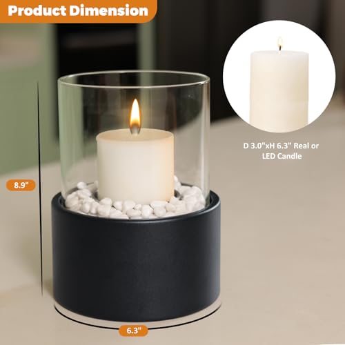 EastFlame Tabletop Hurricane Candleholder with Decorative Stones - Black Metal Candle Holder for 3" Pillar Candles and Sce...