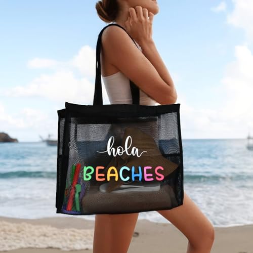KUIRAN 30L Large Beach Bag with Pouch Foldable Sandproof Lightweight Mesh Tote Bag with Two Pockets for Swimming Travel