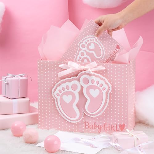 LeZakaa 13" Pink Gift Bags with Tissue Paper, Gift Card, Foot Print & Baby Girl Lettering Design for Baby Shower, Little O...