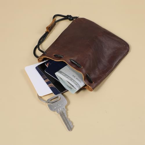 TIESOME 1 Pcs Leather Pouches, Drawstring Cowhide Bag, Small Waterproof Vintage Leather Pouch for Earphone Jewelry(Light B...