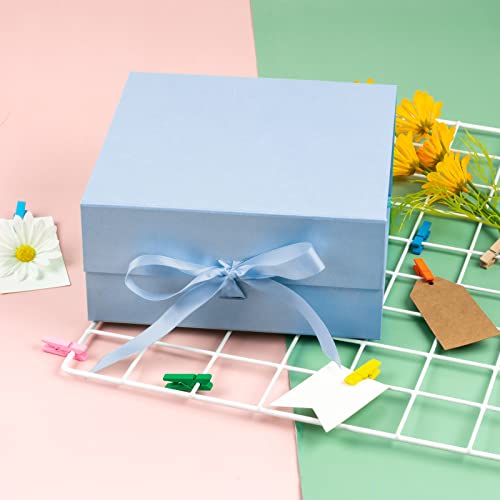 WRAPAHOLIC 2Pcs Blue Gift Box with Satin Ribbon, 8x8x4 Inches Collapsible Gift Box with Magnetic Closure for Party, Weddin...