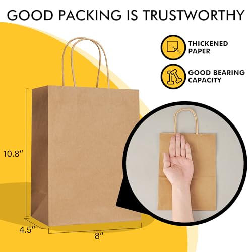 RACETOP Brown Paper Bags with Handles Bulk 100Pcs 8x4.5x10.8 Inch Gift Bags Bulk, Brown Kraft Paper Bags for Retail, Part...