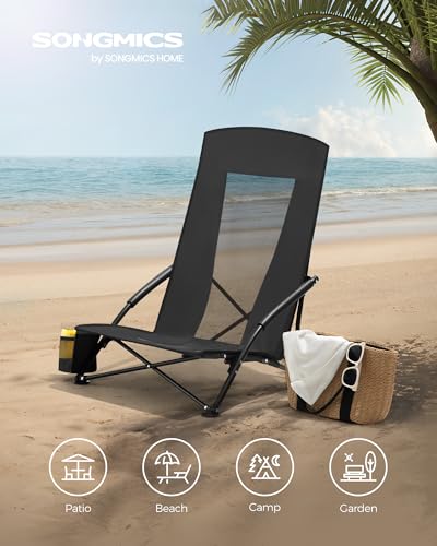 SONGMICS Set of 2 Portable Beach Chairs for Adults, Max. Load 330 lb Each, High Backrest, Cup Holder, Lightweight, Heavy-D...
