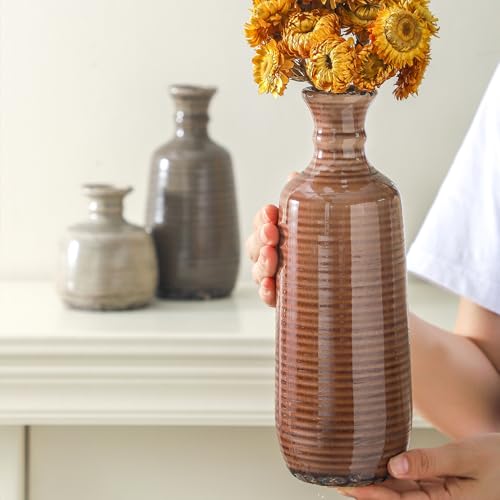 Ceramic Vases Set of 3, Neutral Rustic Farmhouse Vases Home Decor Decorative Flower Vase Modern Boho Pampass Vase for Tabl...