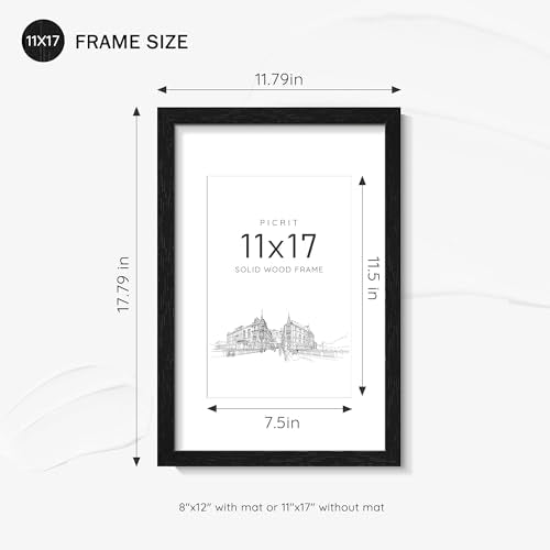 Picrit 11x17 Picture Frame Set of 2, Solid Wood with Black Backboard, Displays 8x12 with Mat or 11 x 17 Without Mat, Wall ...