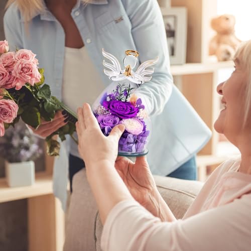 Gifts for Mom Birthday Gifts for Women Preserved Rose Forever Flower in Glass Angel Figurines Fresh Flowers for Delivery A...