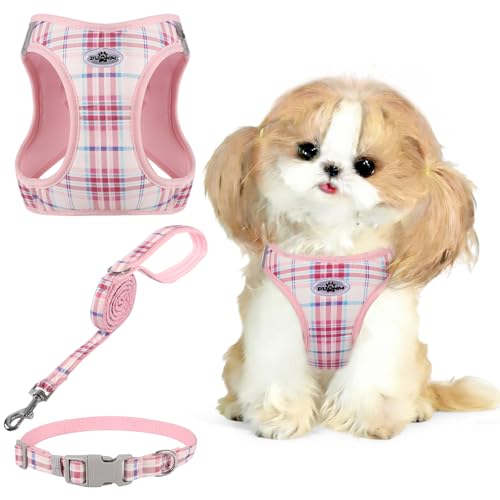 Gyuzh Small Dog Harness and Leash Set for Puppy & Kitten - 3-in-1 No Pull Step in Vest Collar, Lightweight Reflective Plai...