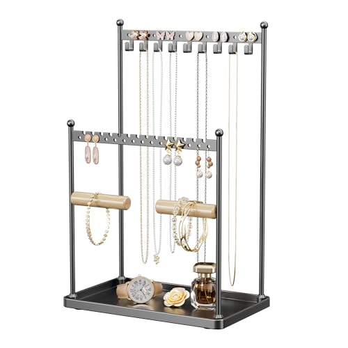 Josmimic 3 Tier Black Jewelry Stand, Necklace Organizer, Earring Holder with 44 Holes and 9 Hooks, for Necklaces, Bracelet...