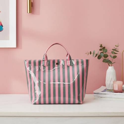 JQWYGB Striped PVC Tote Bag Large Glossy Striped Handbags Waterproof Top Handle Bag Plastic Tote Handbag Beach Travel Work