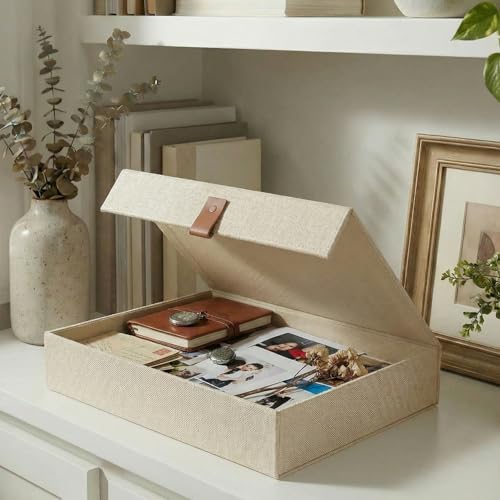 ZICOTO Decorative Photo Storage Box with Lid - A Beautiful Linen Organizer Perfect to Safely Store Your Pictures, Document...